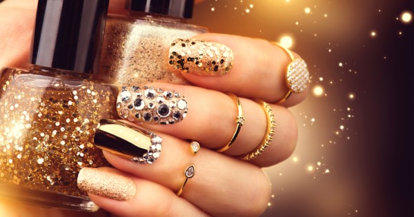 glitter and gem decorated nails featured