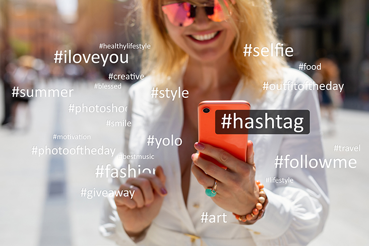 woman with lots of hashtags