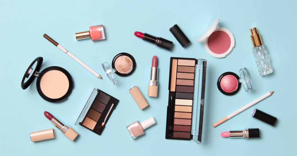 makeup products staged in still life featured