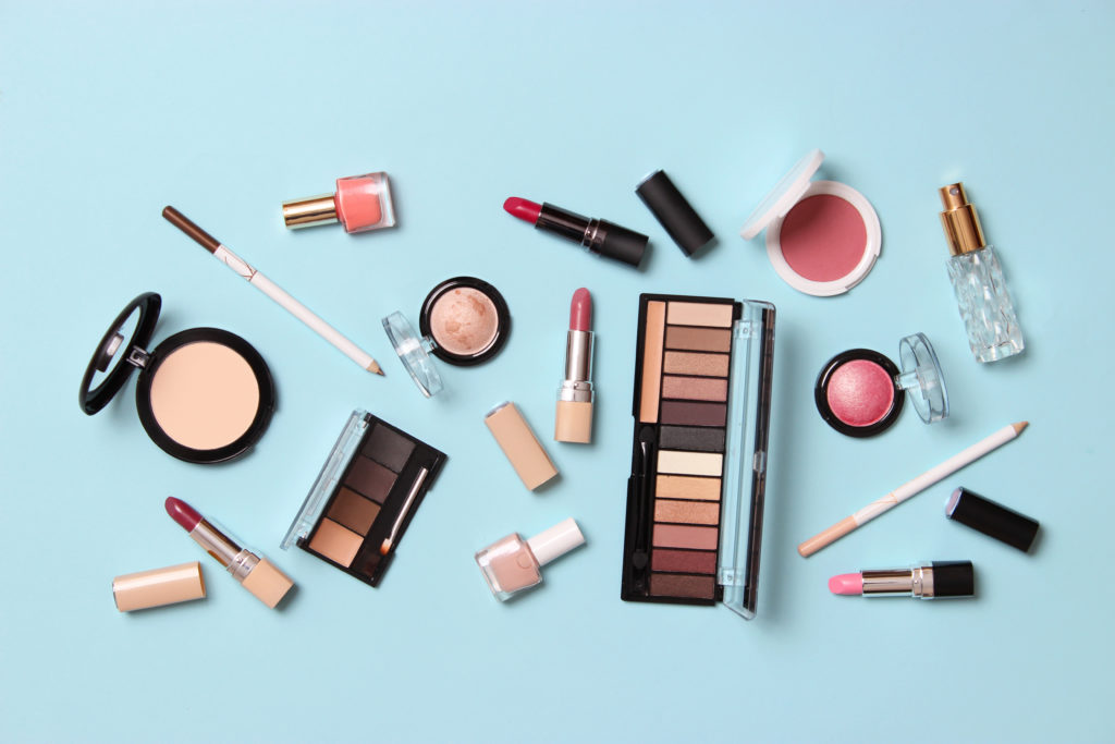 makeup products staged in still life