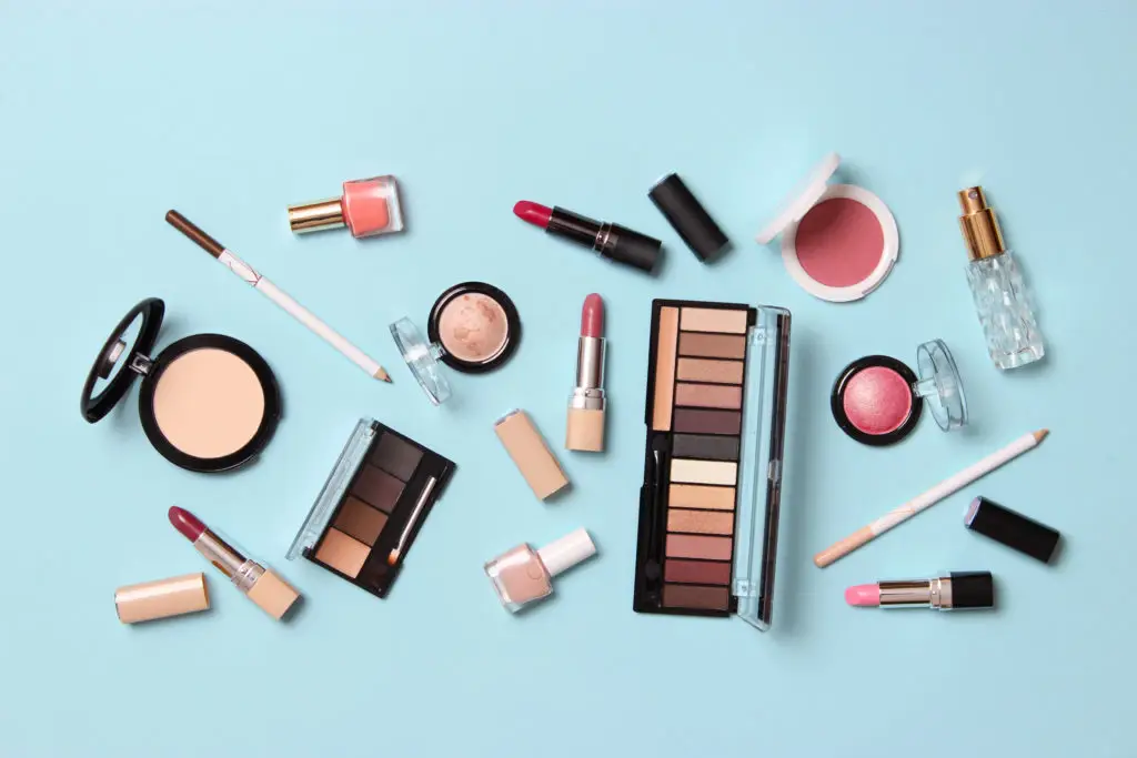 makeup products staged in still life