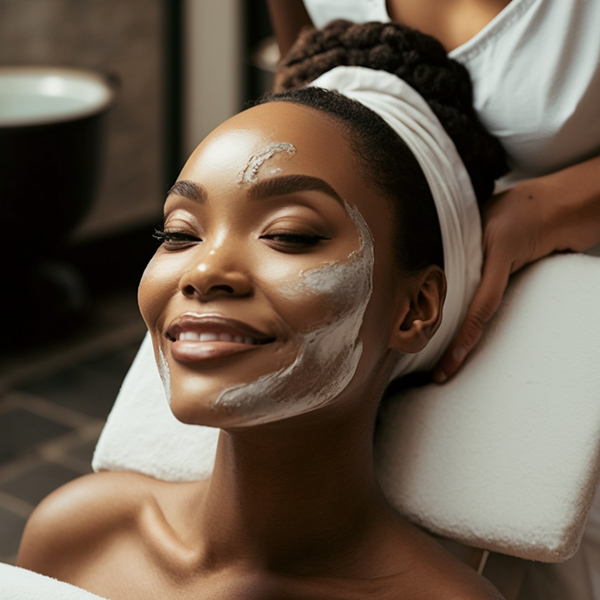 Young woman blissfully experiencing a soothing face massage at a beauty salon