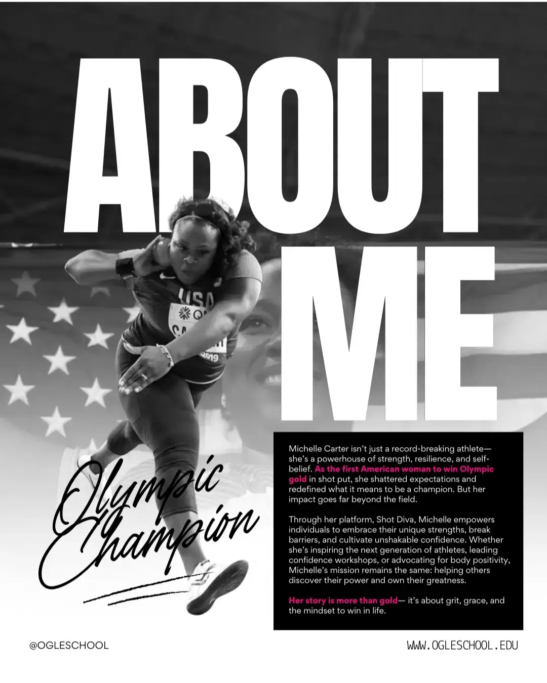 Graphic image of Olympic gold medalist Michelle Carter telling her story how she attended Ogle School