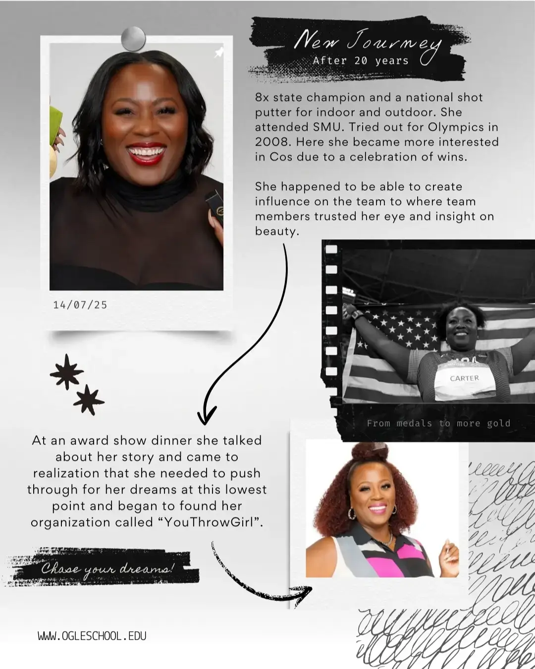 Graphic image of Olympic gold medalist Michelle Carter telling her story how she graduated cosmetology school