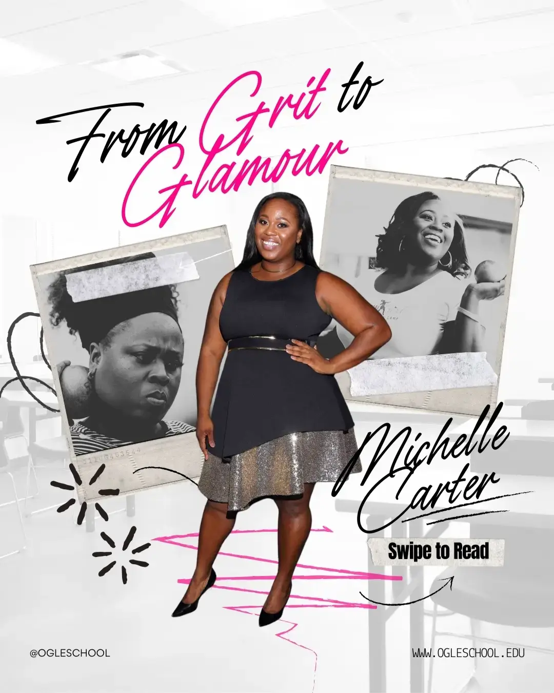 Graphic image of Olympic gold medalist Michelle Carter telling her story how she took night cosmetology classes