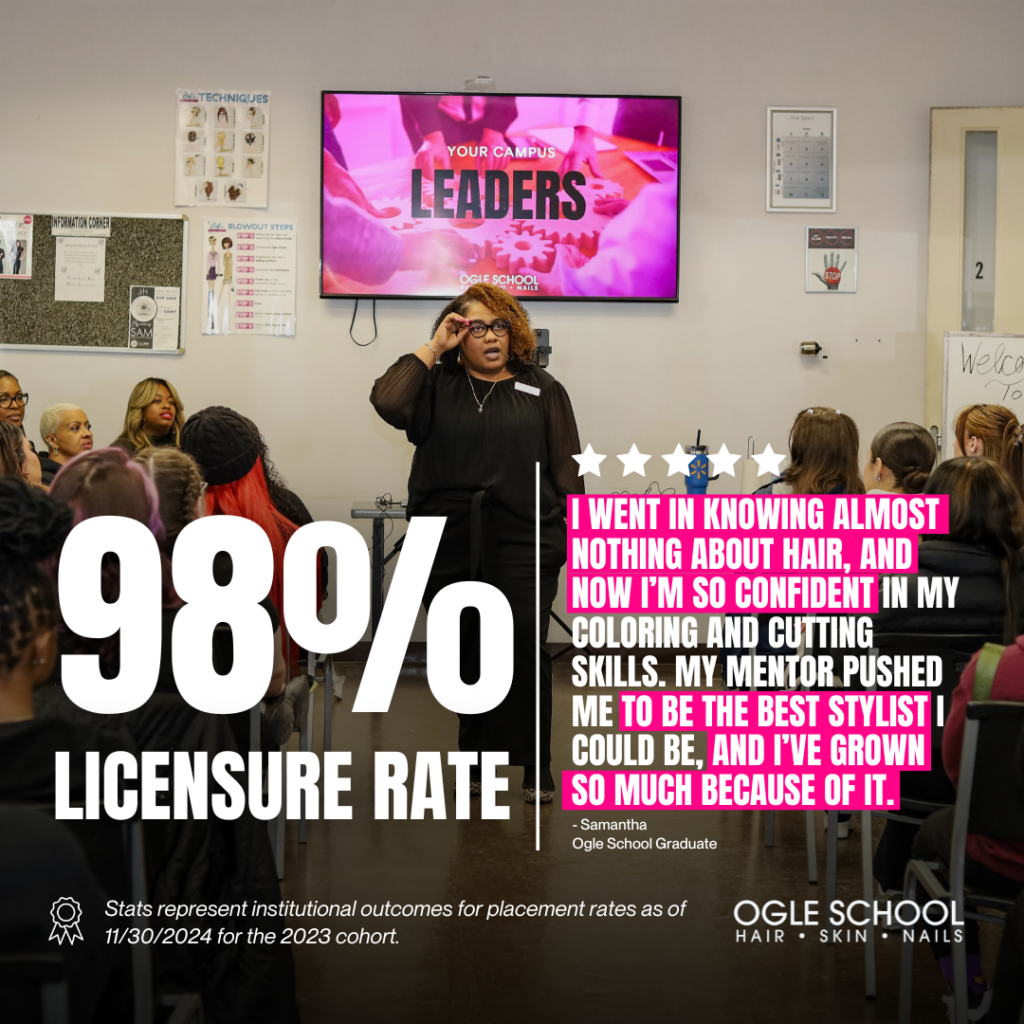 Testimonial Instagram Post highlighting Ogle School's 98% Licensure rate