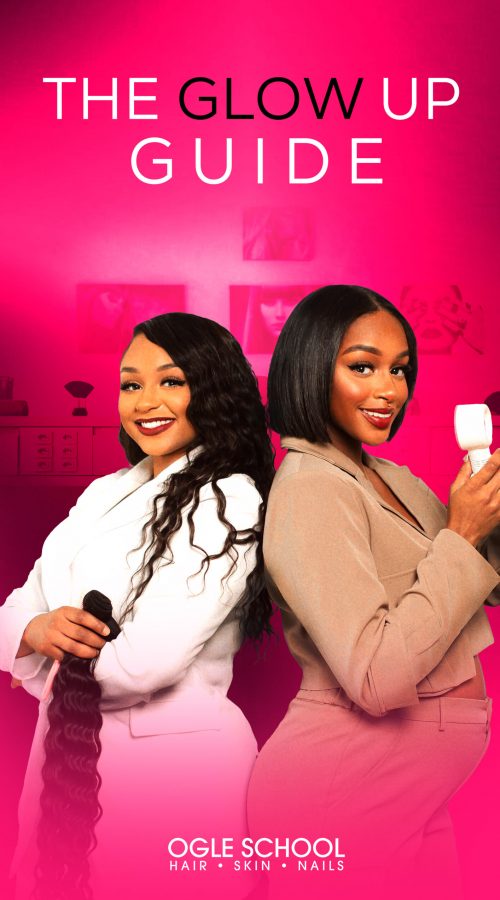Artboard 3 Picture lash technician, A'tiyah standing beside sitting hairstylist L'oreal who give advice in the glow up guide to aspiring beauty professionals